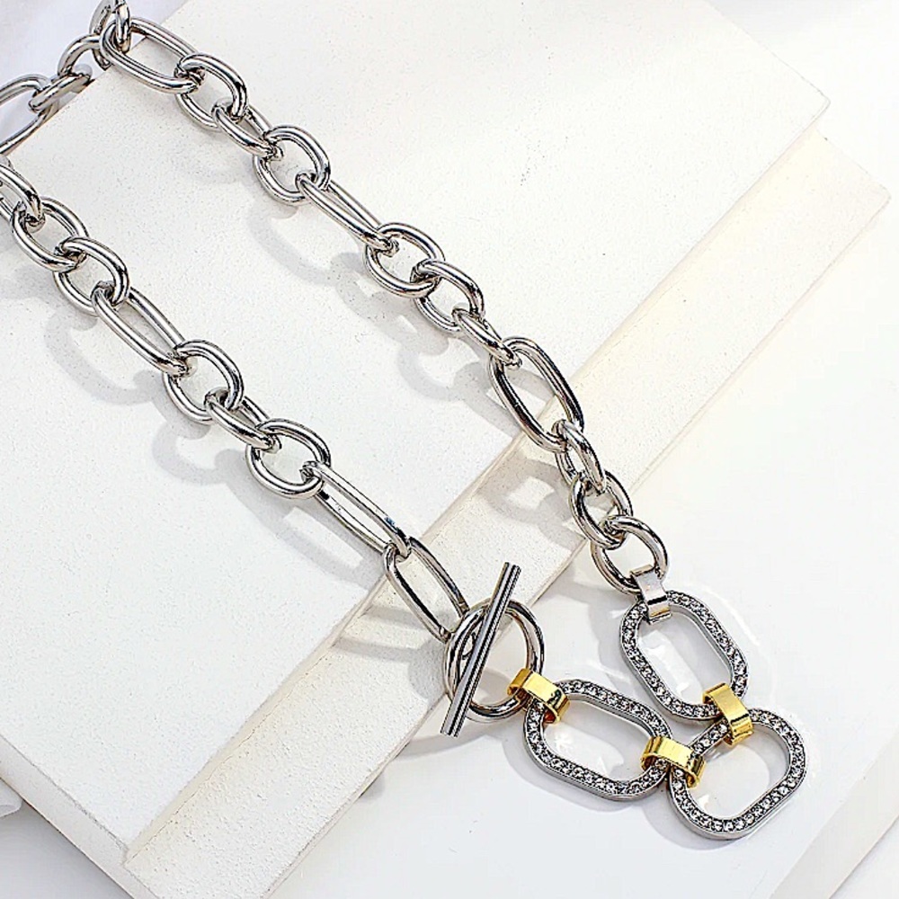 Silver Crystal Chain Link Punk Statement Necklace - Picture 11 of 12